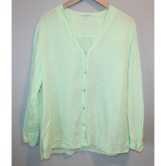 Eileen Fisher 100% Irish Linen Button Front Shirt Green Large Top Coastal Beachy - Picture 2 of 16